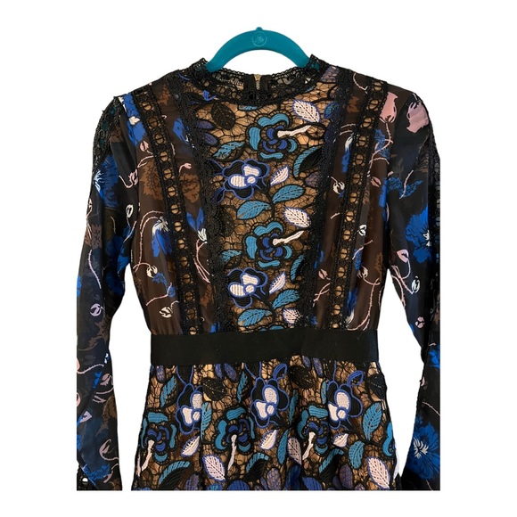Self Portrait Maxine Floral Lace Mini Dress Long Sleeve Blue Black Aiden Size M - Picture 10 of 16